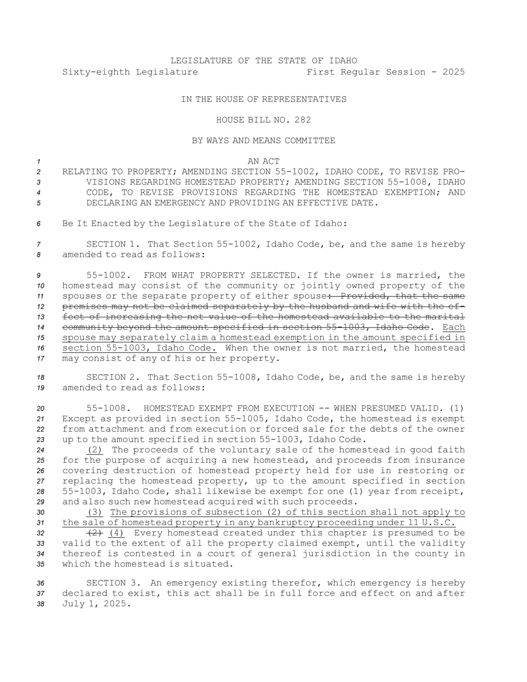 Idaho House passes bill to amend homestead property provisions