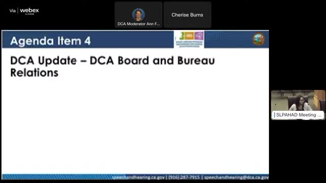 Speech‑Language Pathology board adopts legislative omnibus proposal, hears DCA disaster relief update and audit results