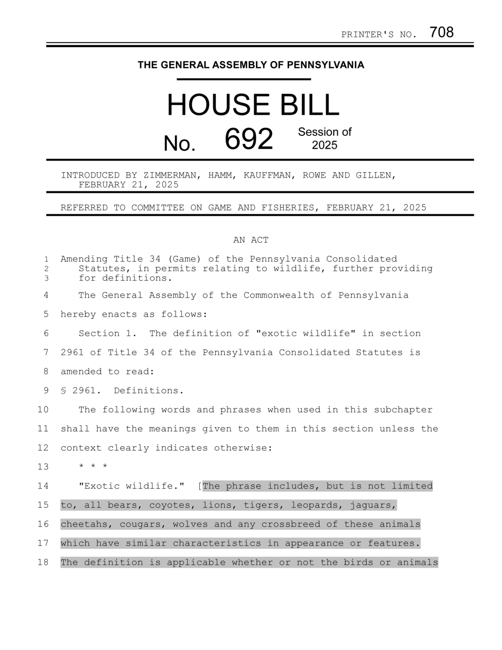 Pennsylvania House Bill 692 amends wildlife definitions for exotic animals