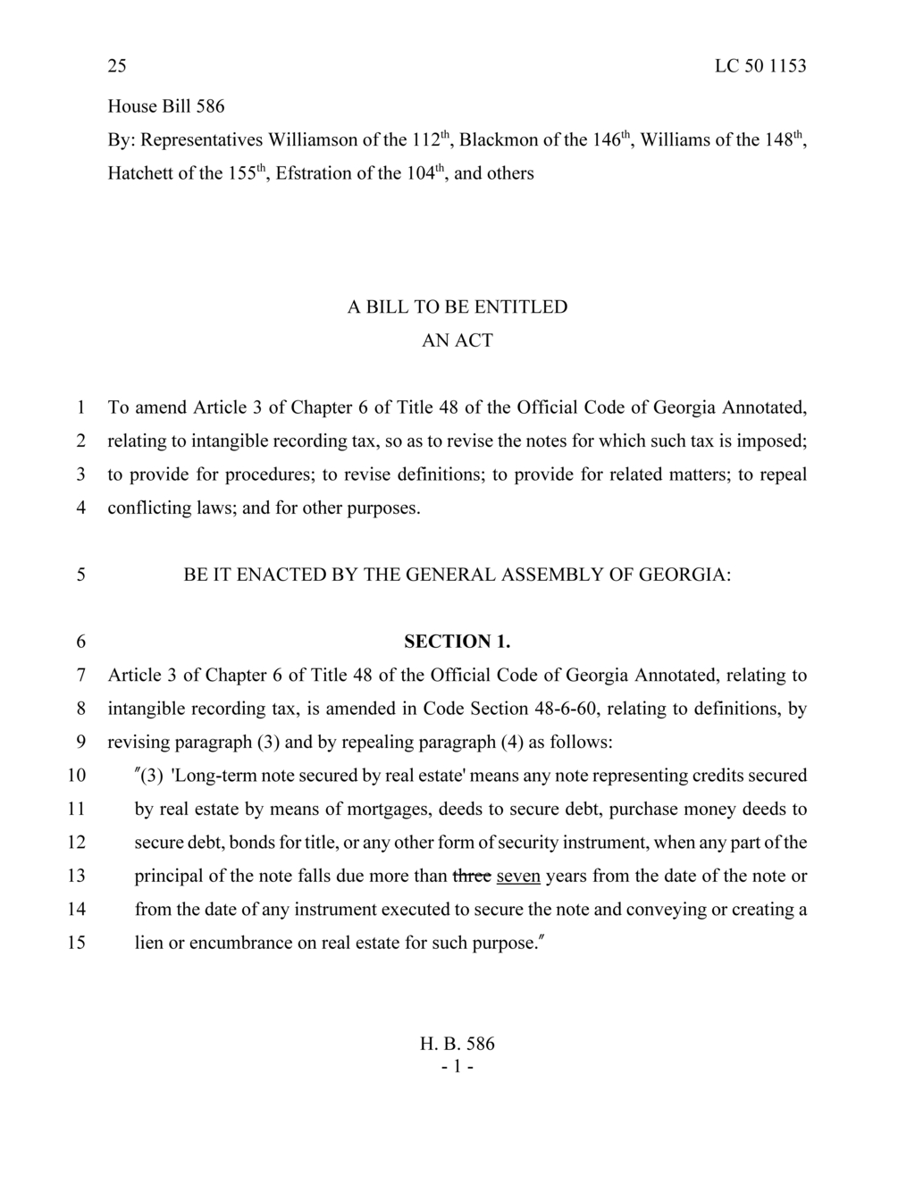 Georgia lawmakers propose House Bill 586 to amend intangible recording tax regulations