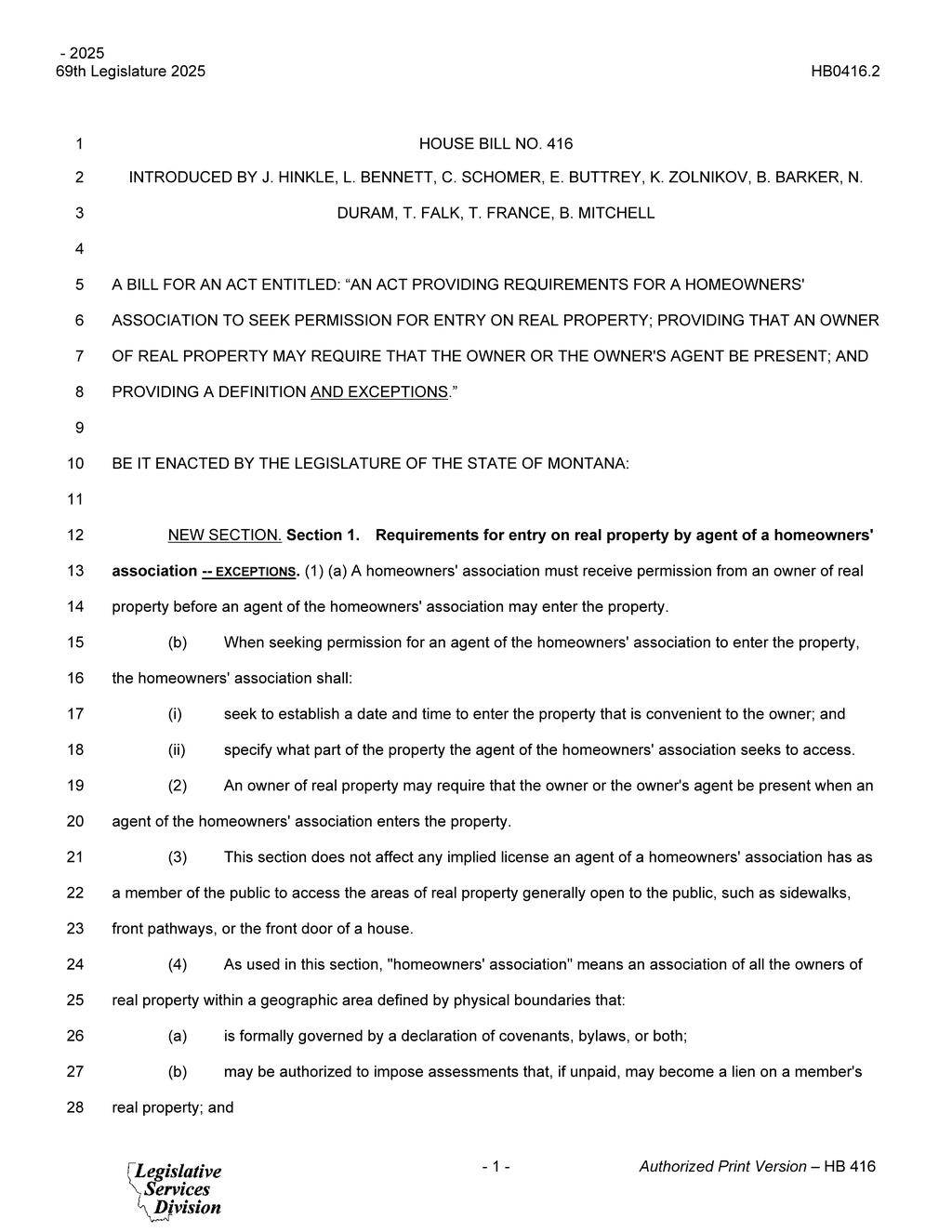 Montana Legislature passes HB 416 regulating homeowners association property access