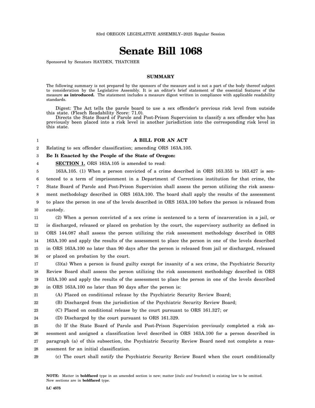 Oregon Senate Bill 1068 standardizes sex offender risk classification across states