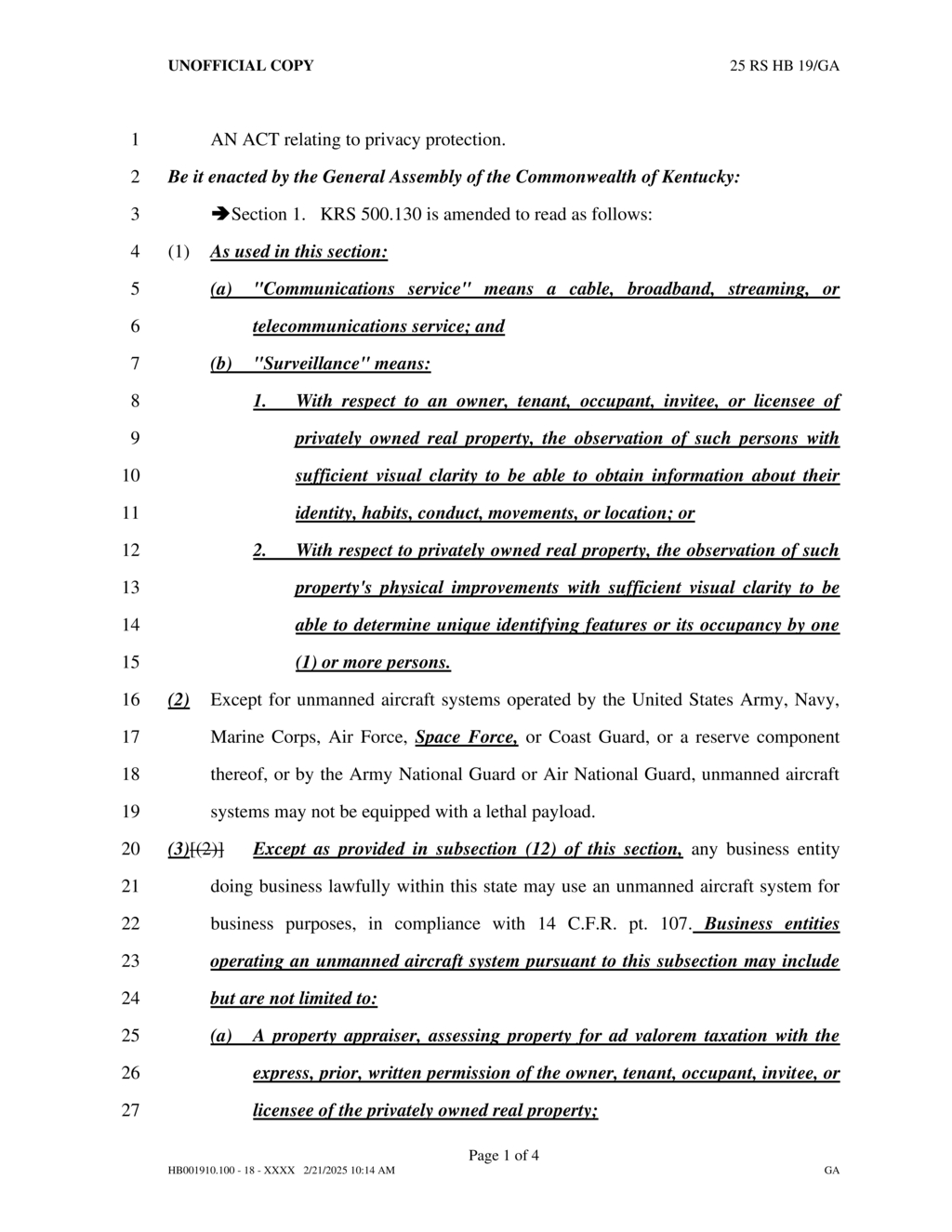 Kentucky House introduces Citizens' Freedom from Unwarranted Surveillance Act