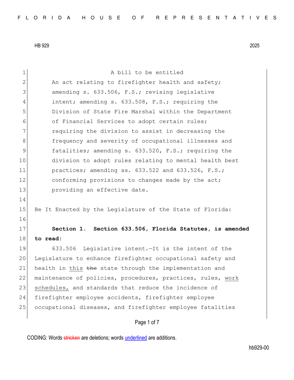 Florida Legislature implements firefighter workplace safety measures in HB 929