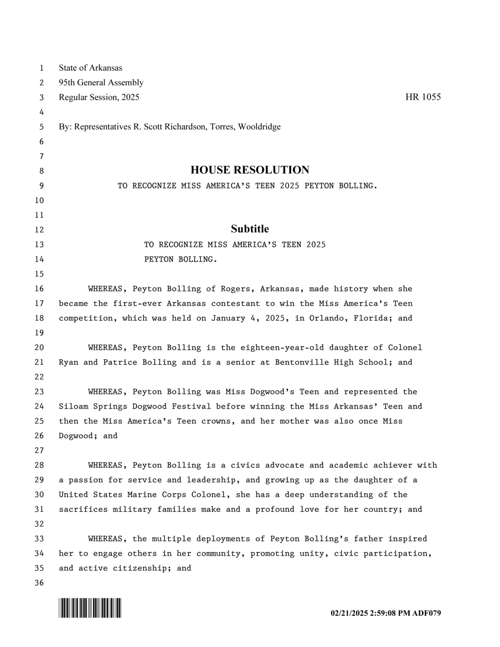 Arkansas House honors Miss America's Teen 2025 Peyton Bolling for civic leadership