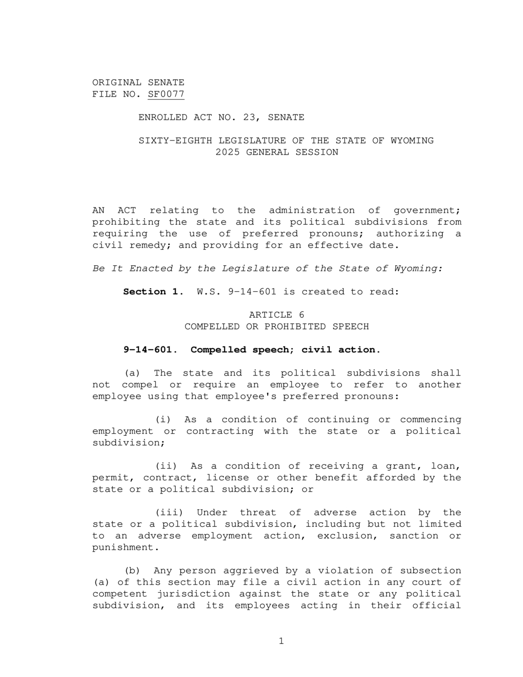 Wyoming legislature passes act banning mandated use of preferred pronouns