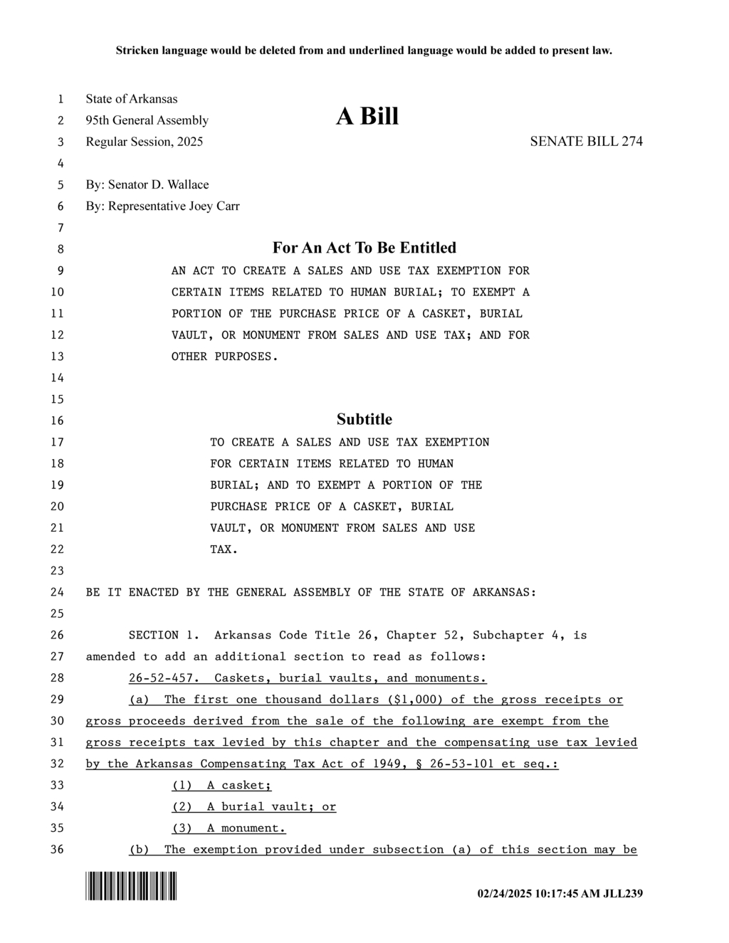 Arkansas General Assembly proposes sales tax exemption for burial items