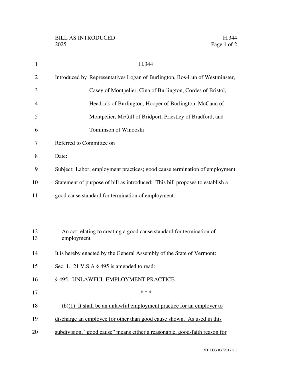 Vermont lawmakers propose good cause standard for employee termination