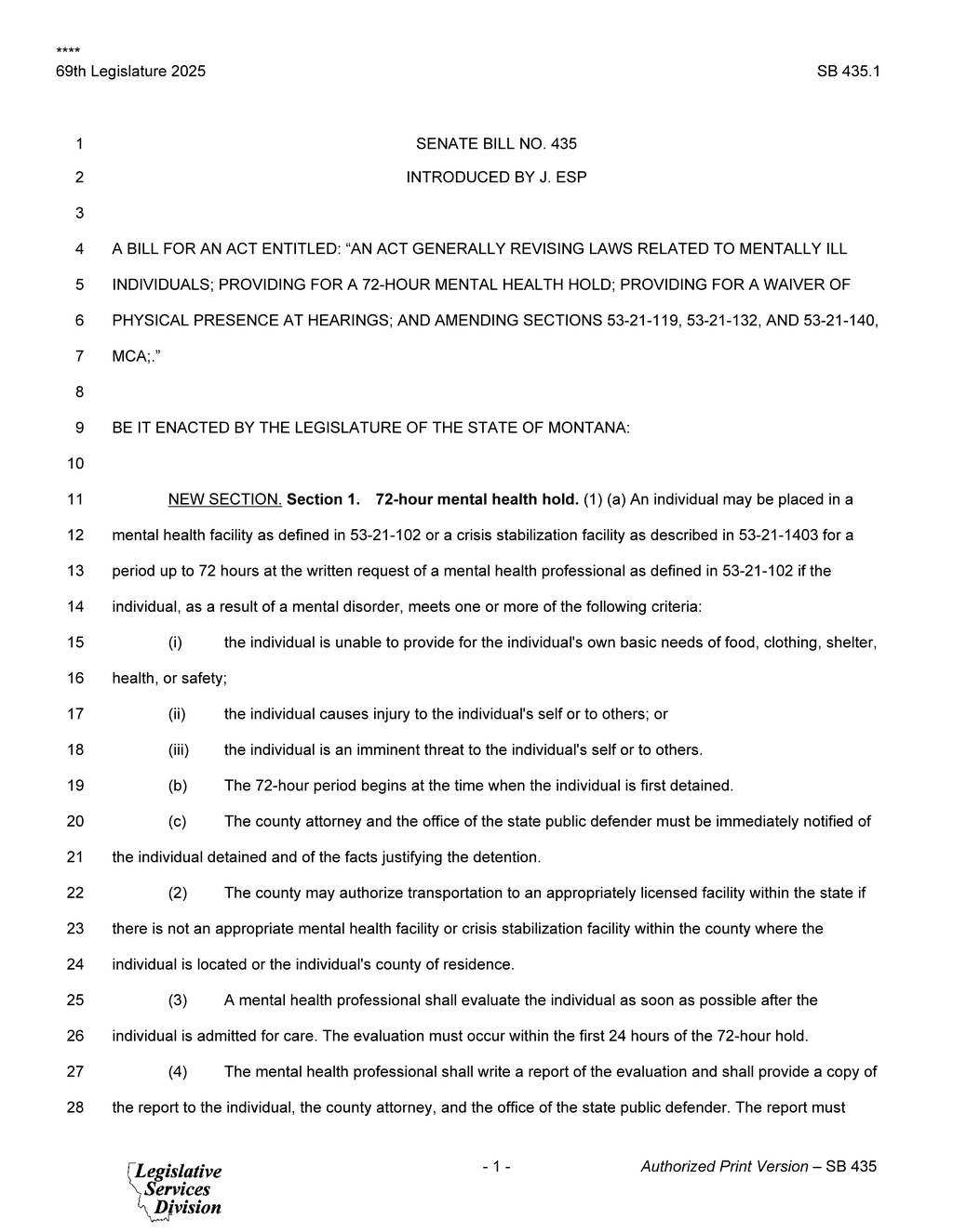 Montana Legislature approves SB 435 for 72-hour mental health holds