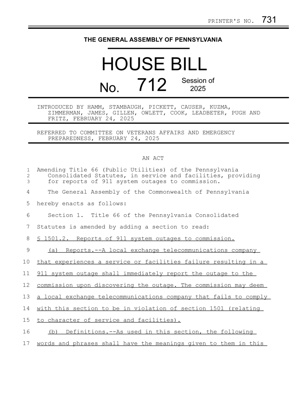 Pennsylvania Assembly introduces 911 system outage reporting bill