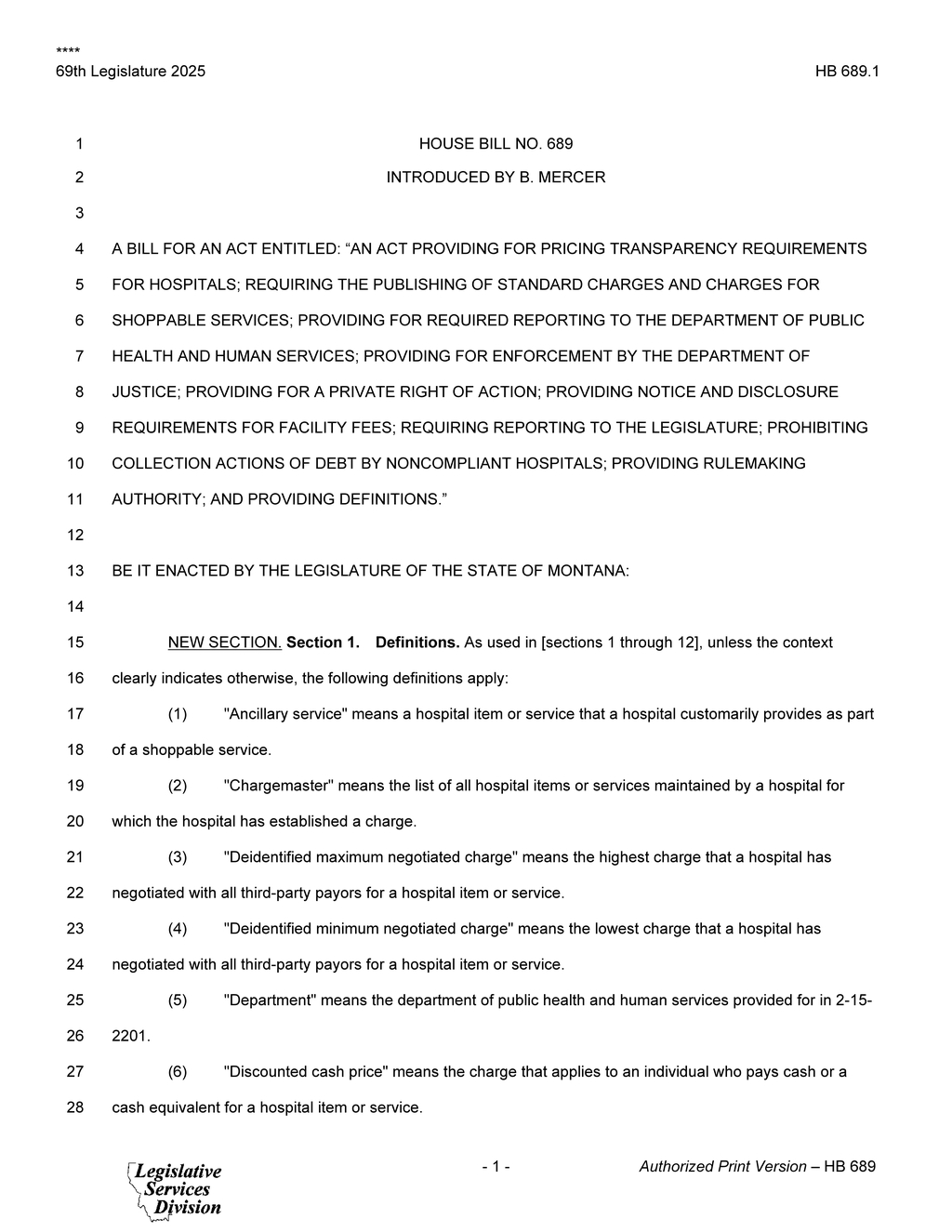 Montana Legislature introduces bill for hospital pricing transparency requirements