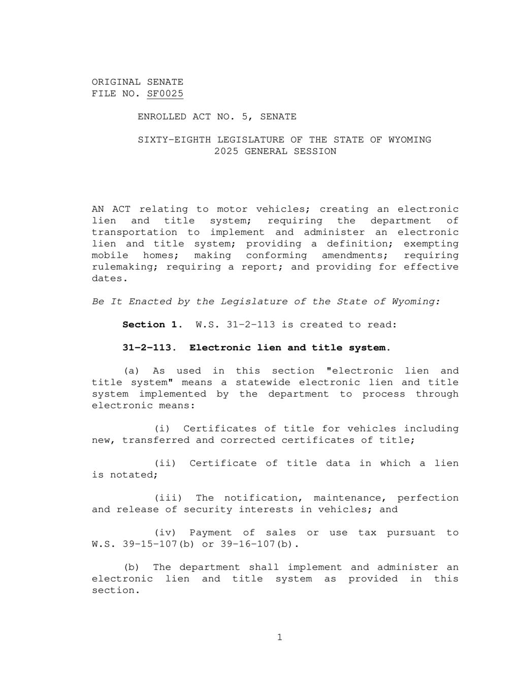 Wyoming legislature approves electronic lien and title system for motor vehicles