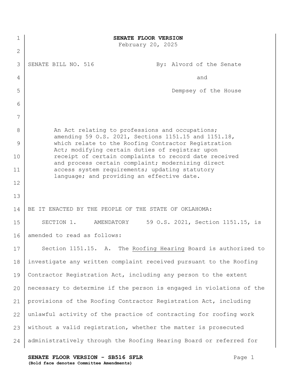 Senate passes SB516 to modernize Oklahoma's Roofing Contractor Registration Act