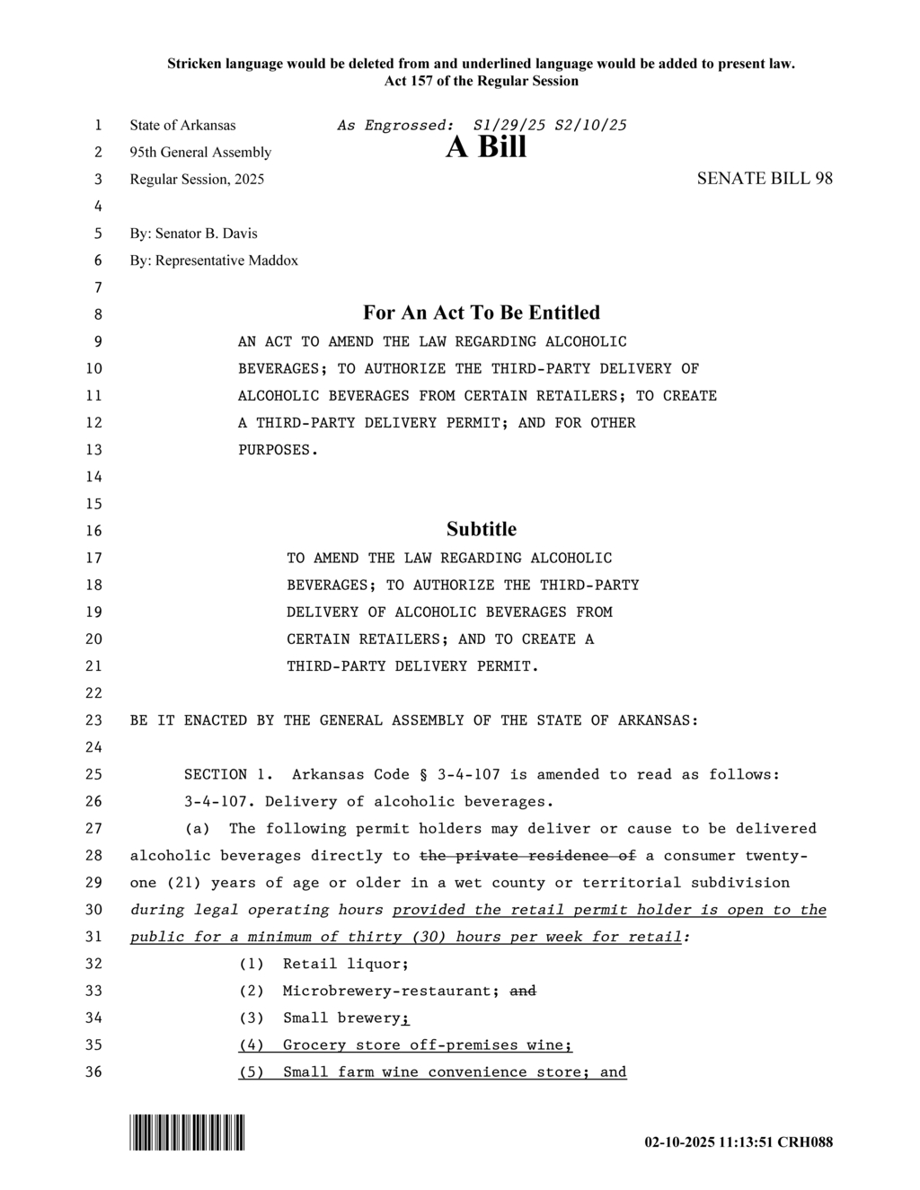 Arkansas Senate introduces bill for third-party alcohol delivery permits
