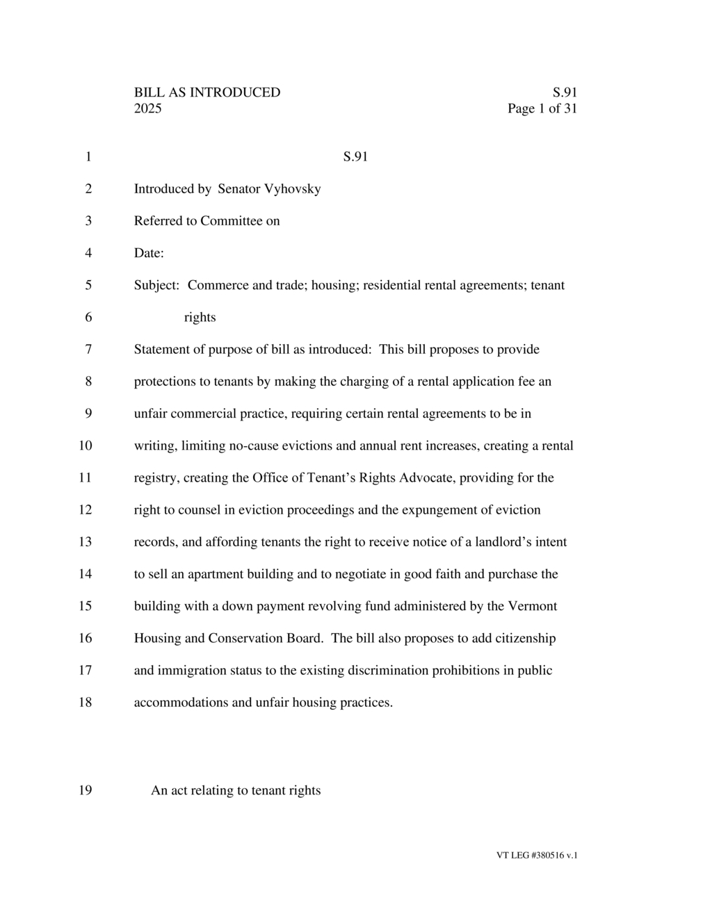 Vermont introduces bill limiting no-cause eviction notice periods for rental agreements