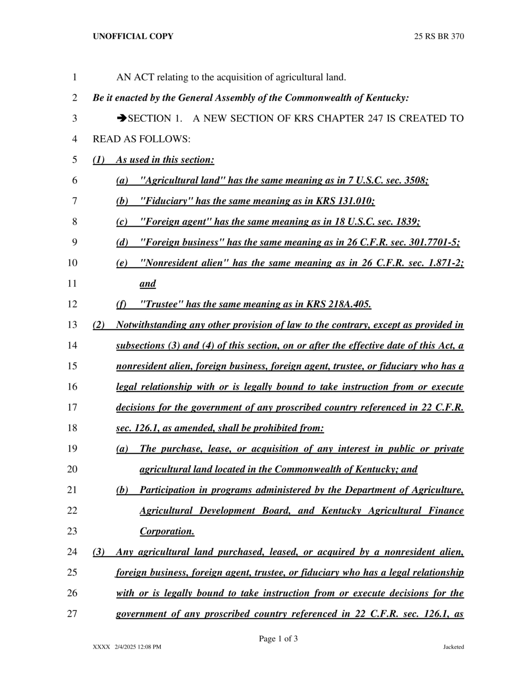 Kentucky prohibits foreign entities from acquiring agricultural land under new legislation