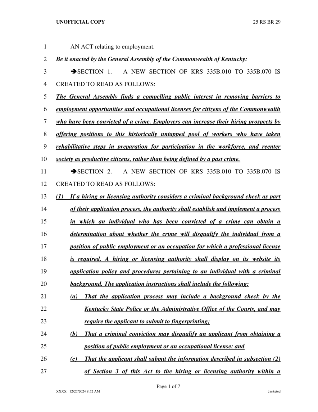 Kentucky amends criminal background check rules for public employment applications