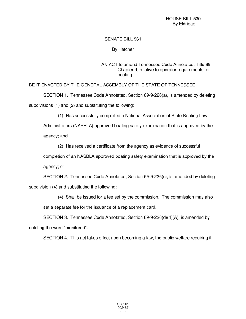 Tennessee General Assembly amends boating operator requirements with SB561