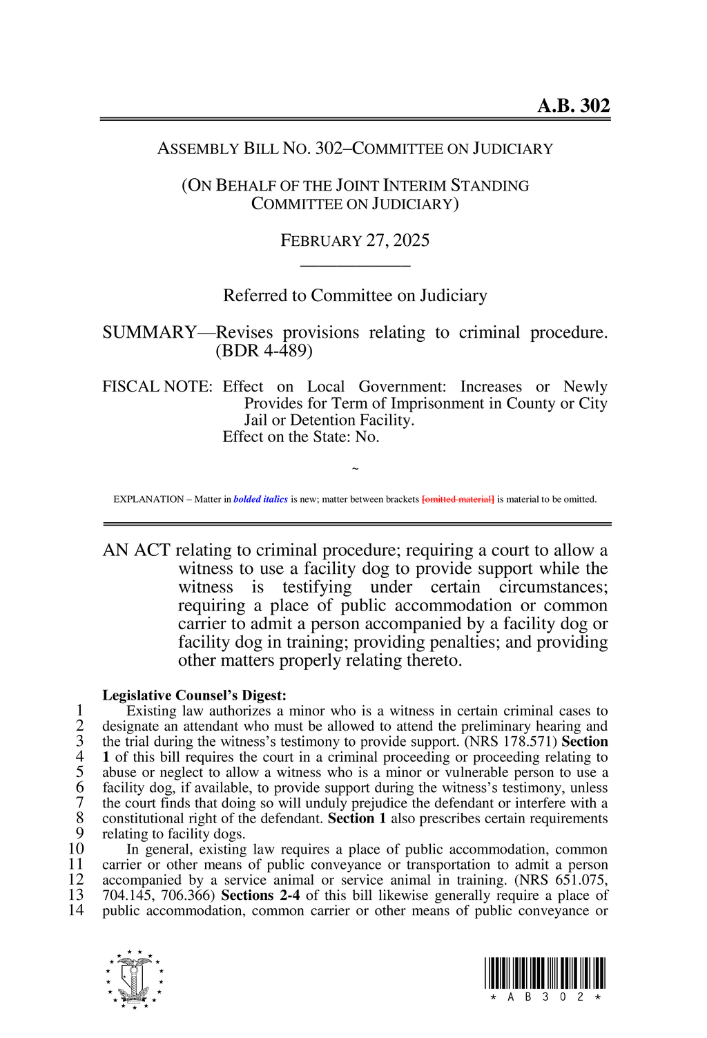 Nevada amends laws on service and facility dogs for public transportation