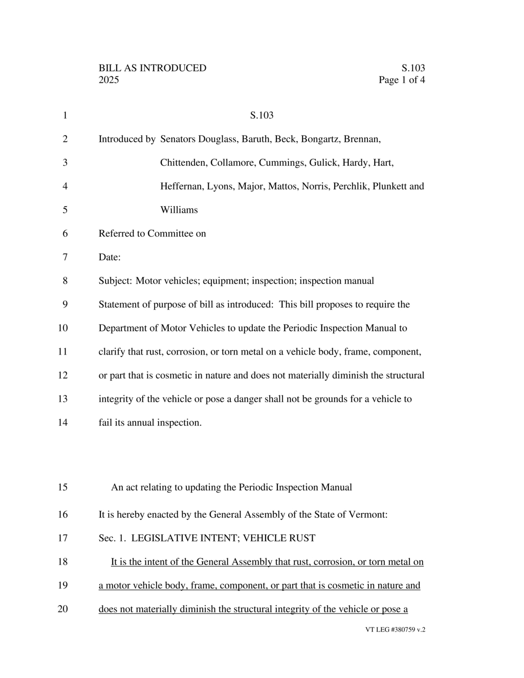 Vermont Senate introduces bill to update motor vehicle inspection standards
