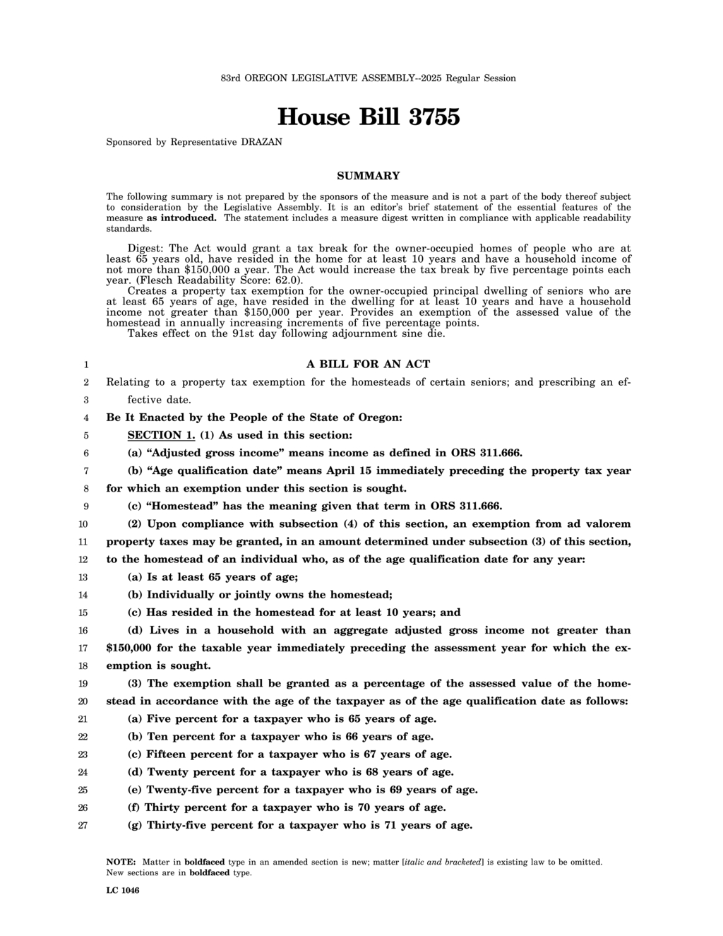 Oregon legislators approve new property tax exemption scale for senior citizens