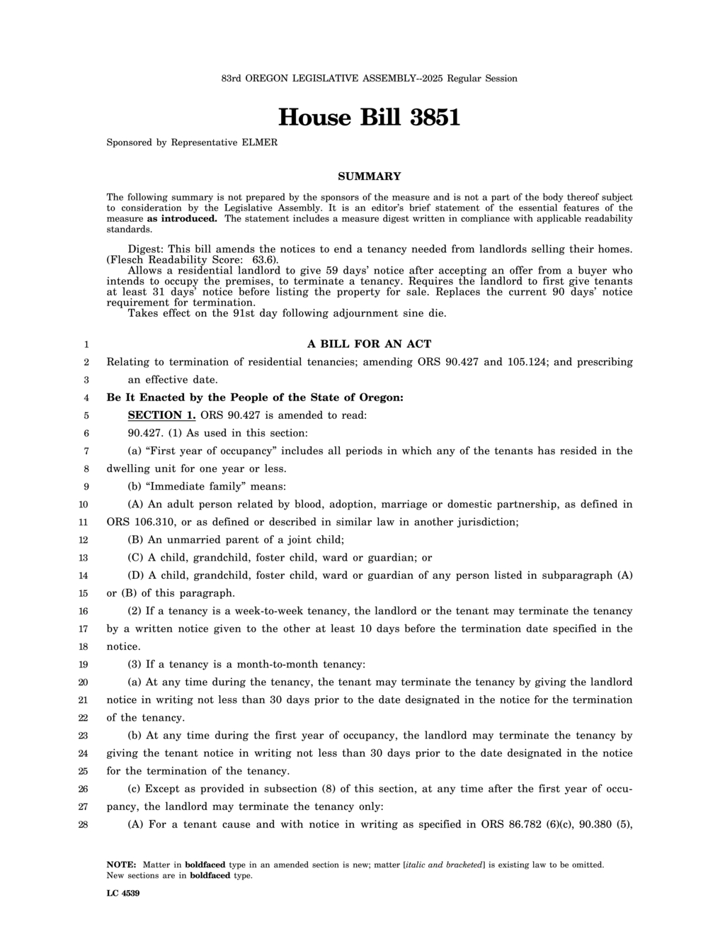 Oregon legislature approves HB 3851 regulating landlord tenant termination notice requirements