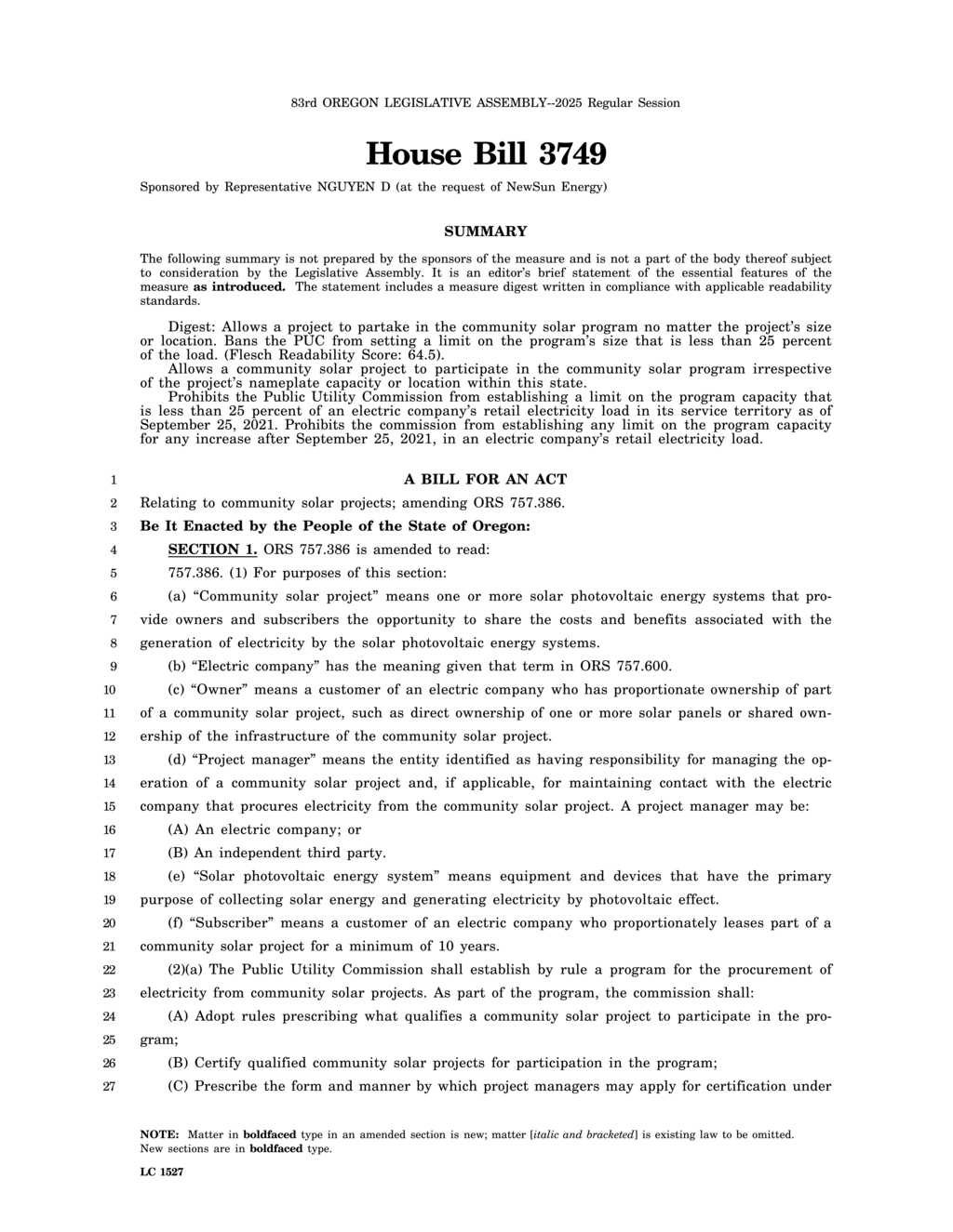 Oregon House Bill 3749 expands community solar project eligibility and capacity limits