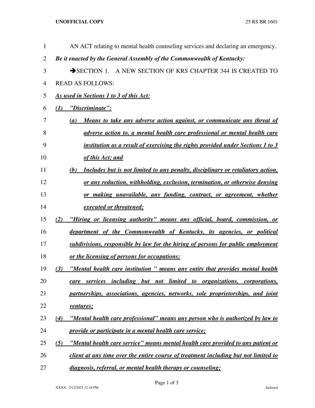 Kentucky Assembly enacts emergency mental health counseling protection law