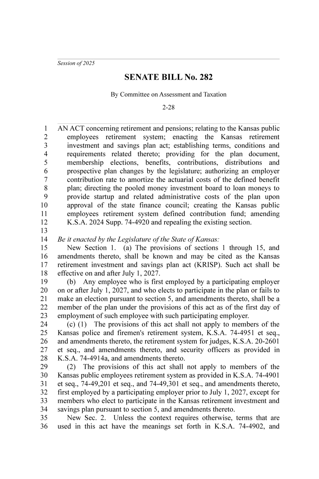 Kansas Senate introduces retirement investment and savings plan for new employees