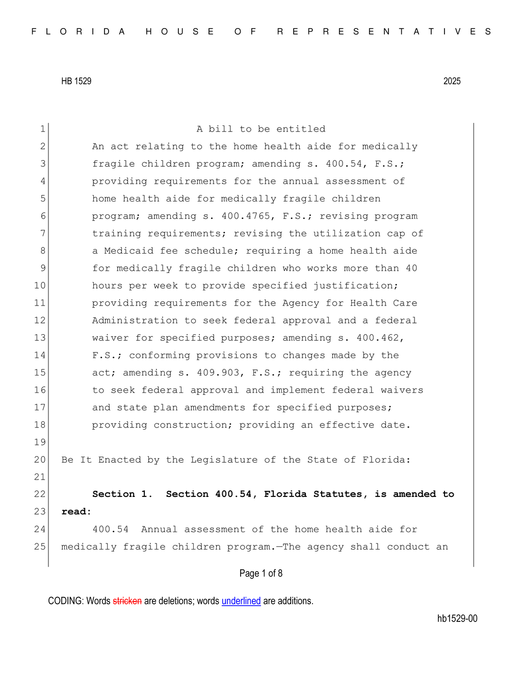Florida House approves HB 1529 expanding Medicaid home health services for fragile children