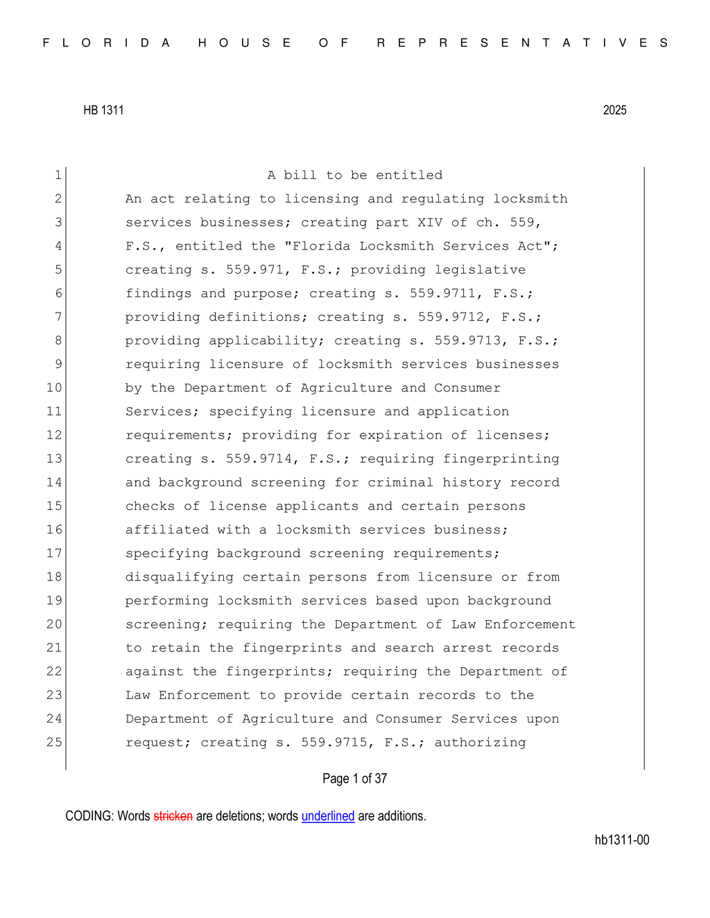 Florida House mandates liability insurance for locksmith services businesses