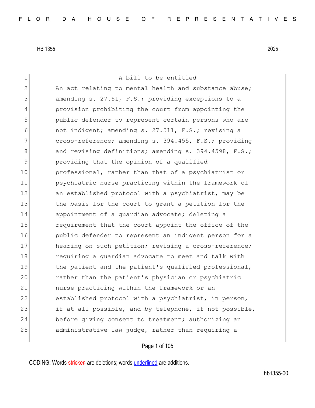 Florida House approves HB 1355 for involuntary services during court hearings