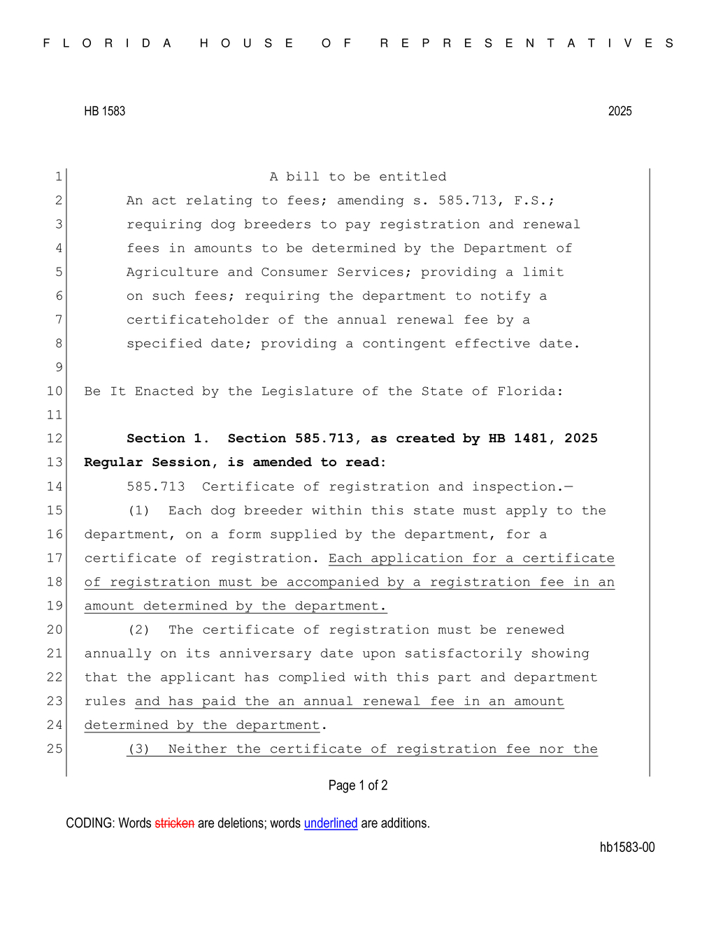 Florida House approves new dog breeder registration fee and renewal process