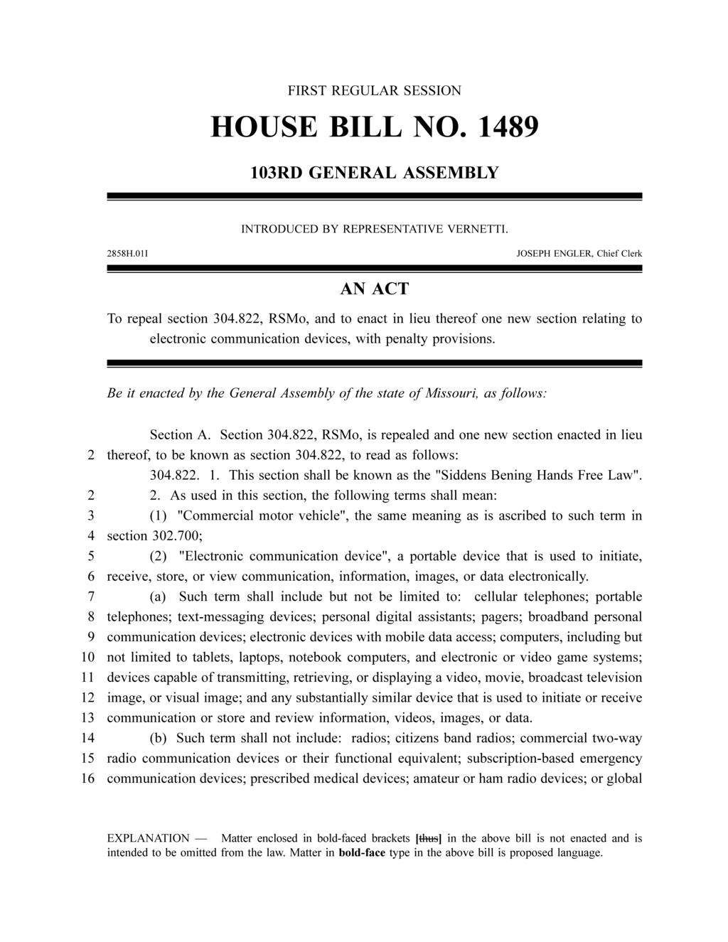 Missouri General Assembly introduces Siddens Bening Hands Free Law for electronic devices
