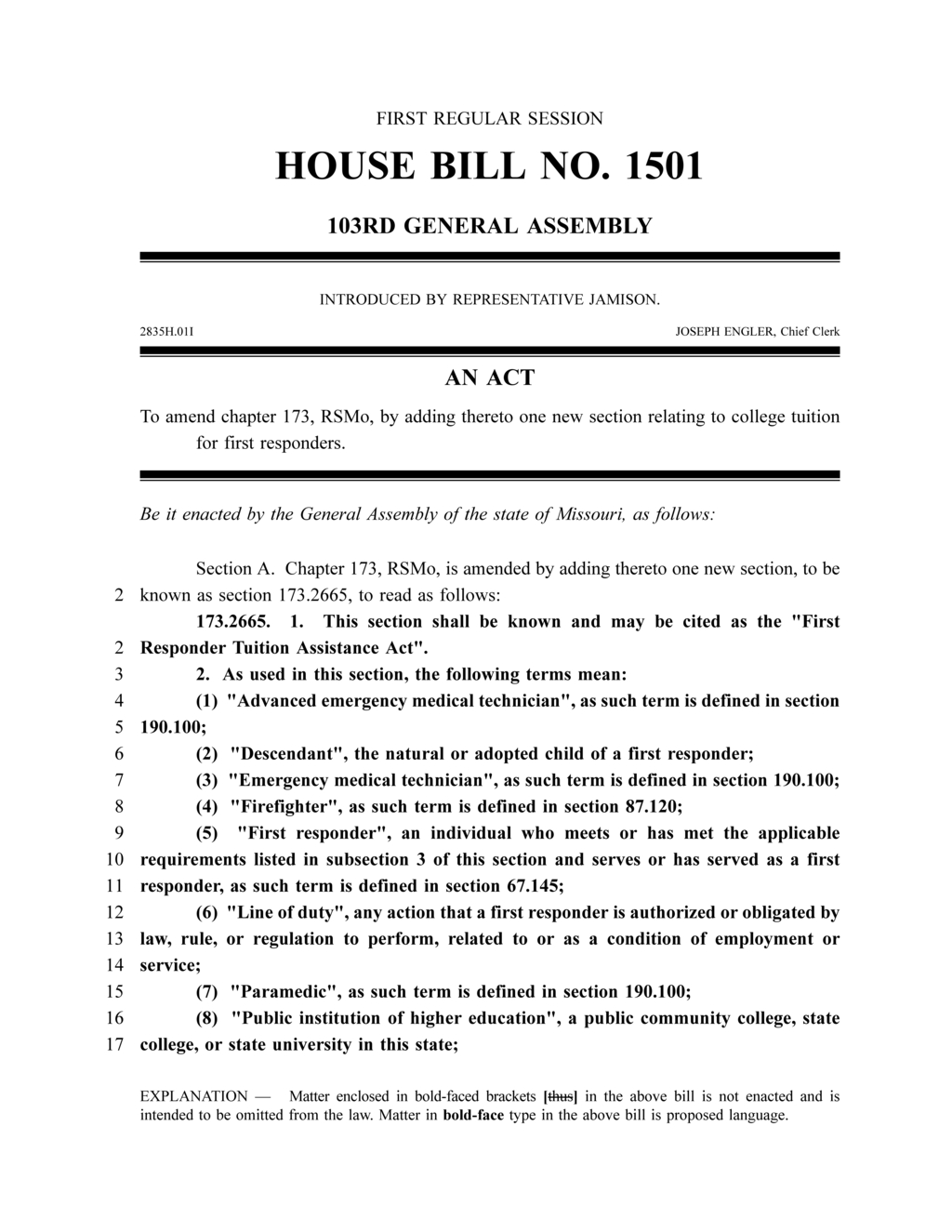 Missouri House introduces First Responder Tuition Assistance Act