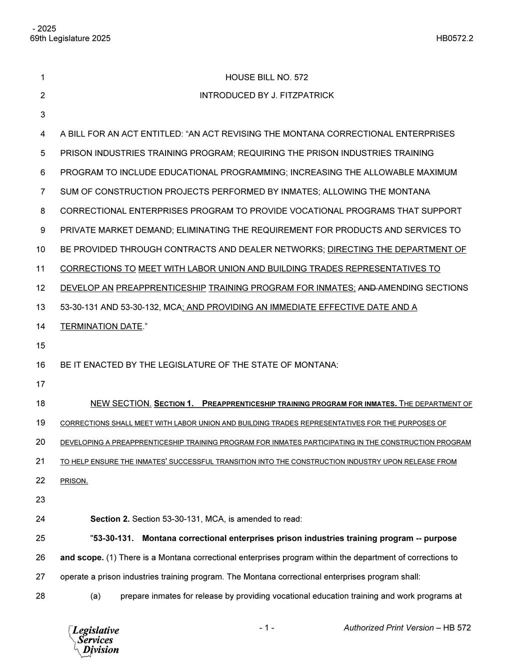Montana Legislature approves prison industry training program for inmate rehabilitation
