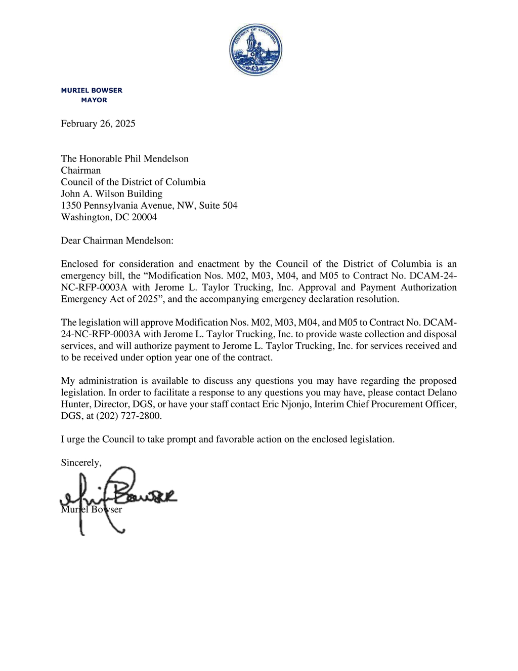 DC Council approves emergency waste contract modifications with Jerome L. Taylor Trucking