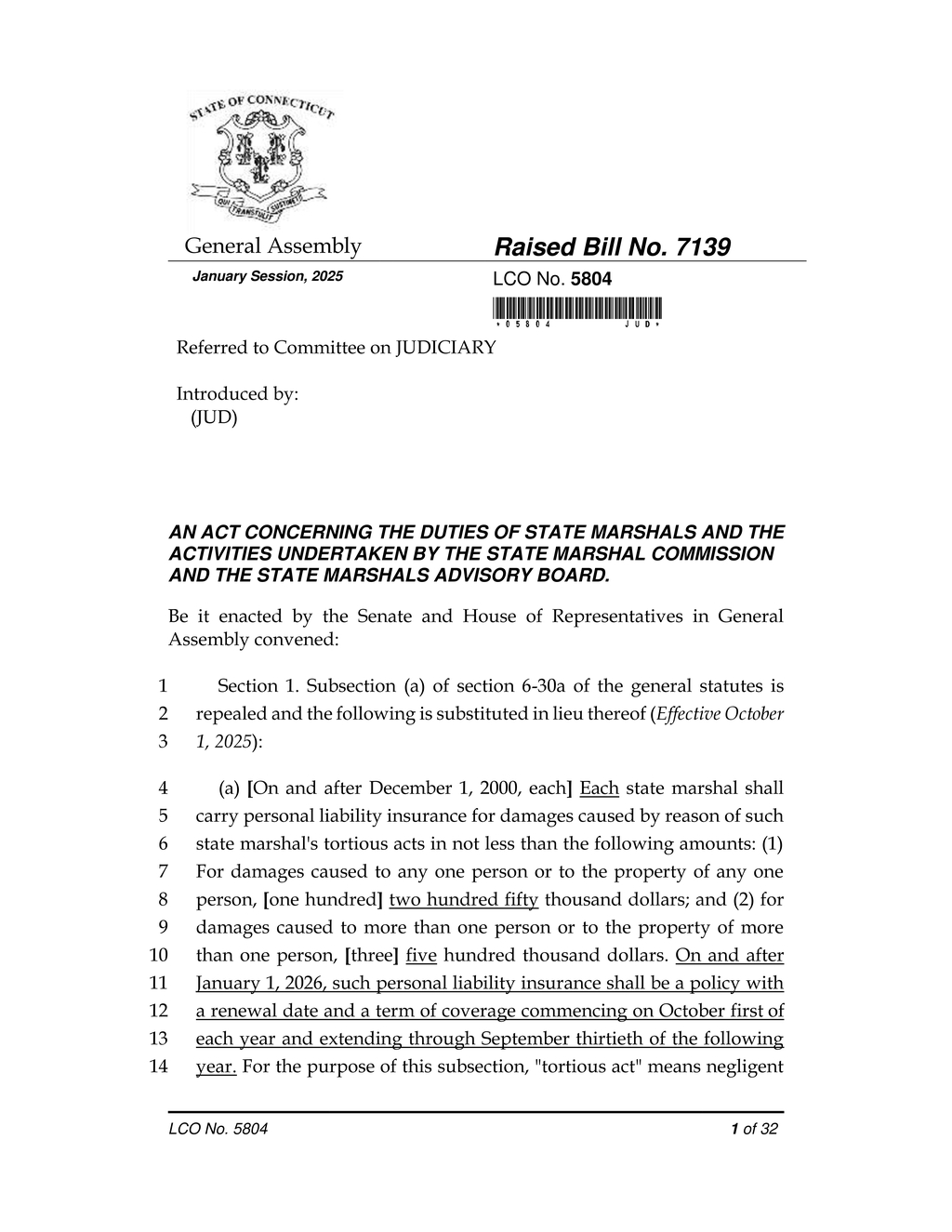 Connecticut limits state marshals in Hartford and New Haven counties