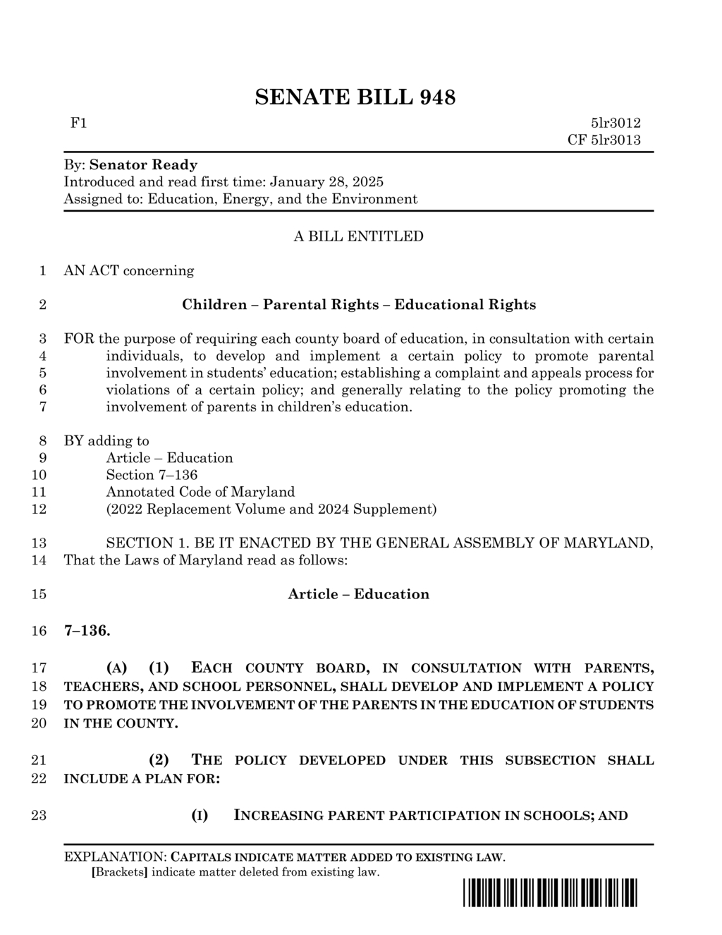 Senator Ready introduces Senate Bill 948 to enhance parental involvement in education