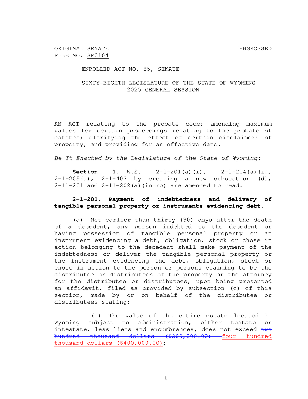 Wyoming Senate amends probate code raising estate value limit to $400,000