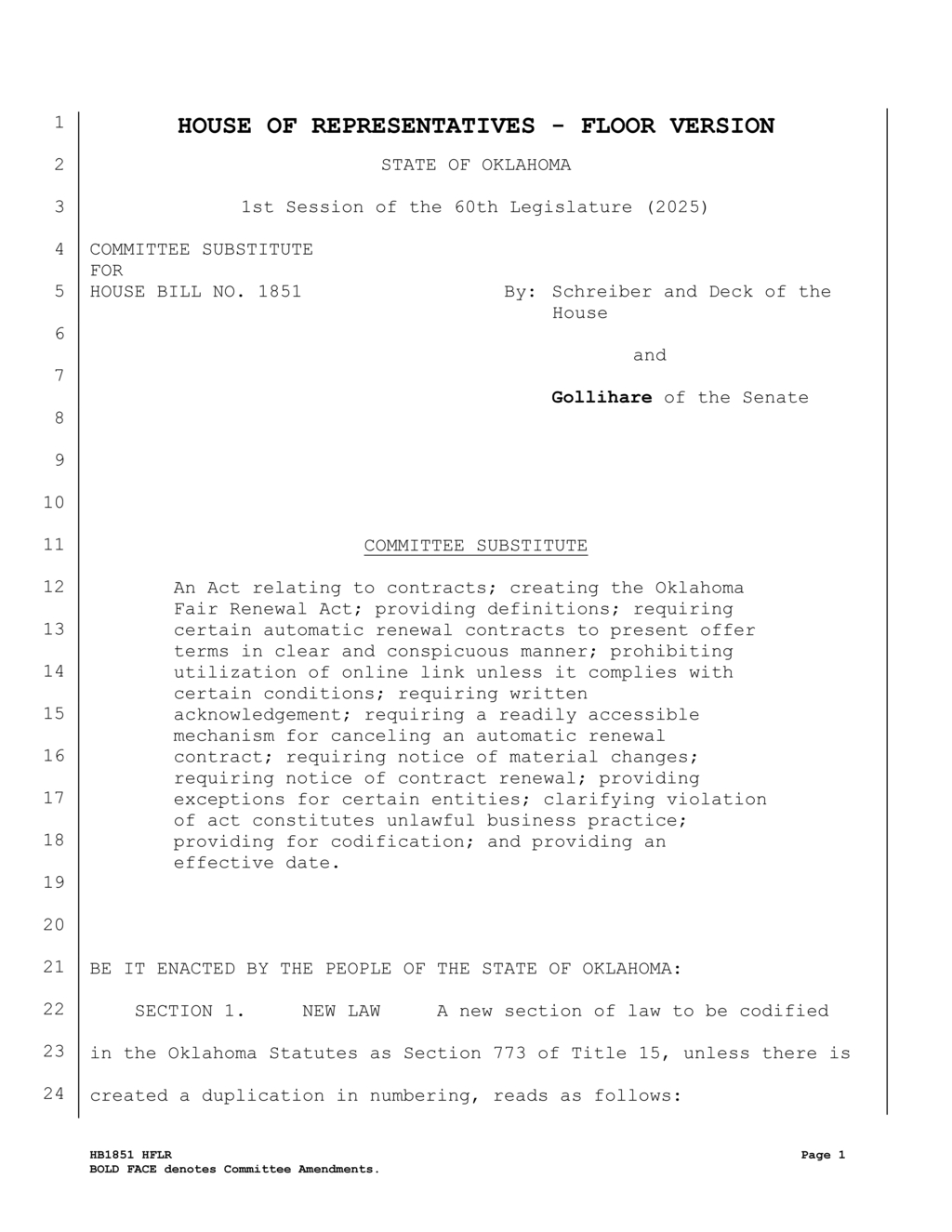 Oklahoma enacts law enhancing consumer rights on automatic renewal contracts