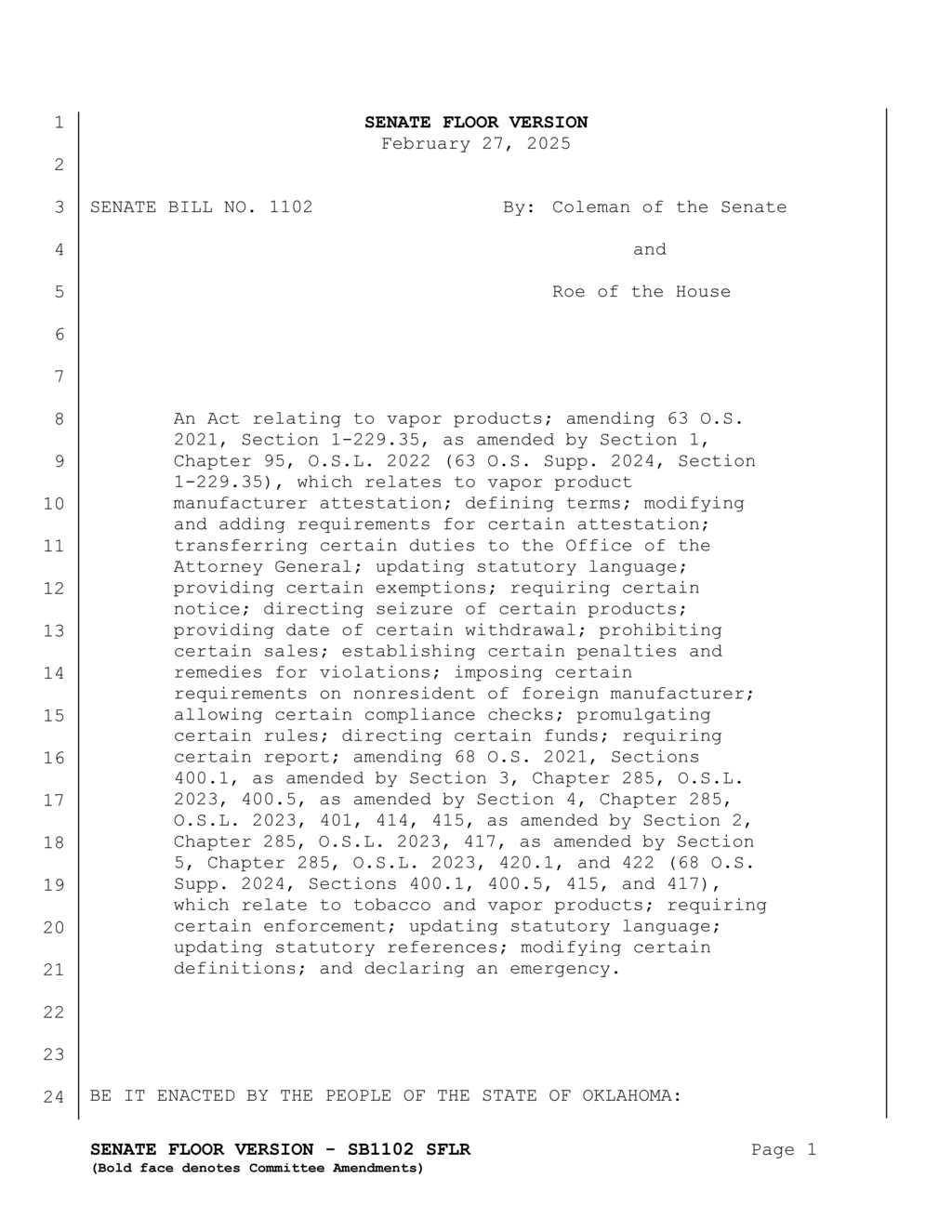 Oklahoma Senate amends tobacco licensing rules after crime-related violations