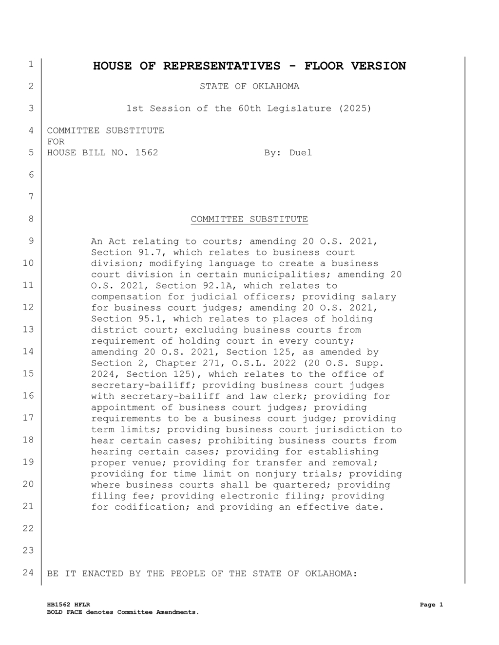 Oklahoma Legislature establishes business court divisions in Oklahoma and Tulsa counties