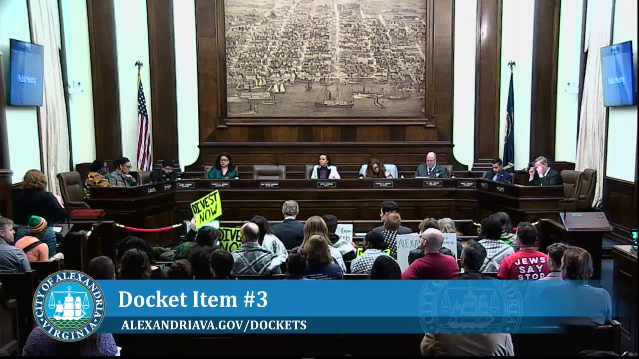 Scores of speakers urge Alexandria to divest from companies tied to Israel; Human Rights Commission request cited