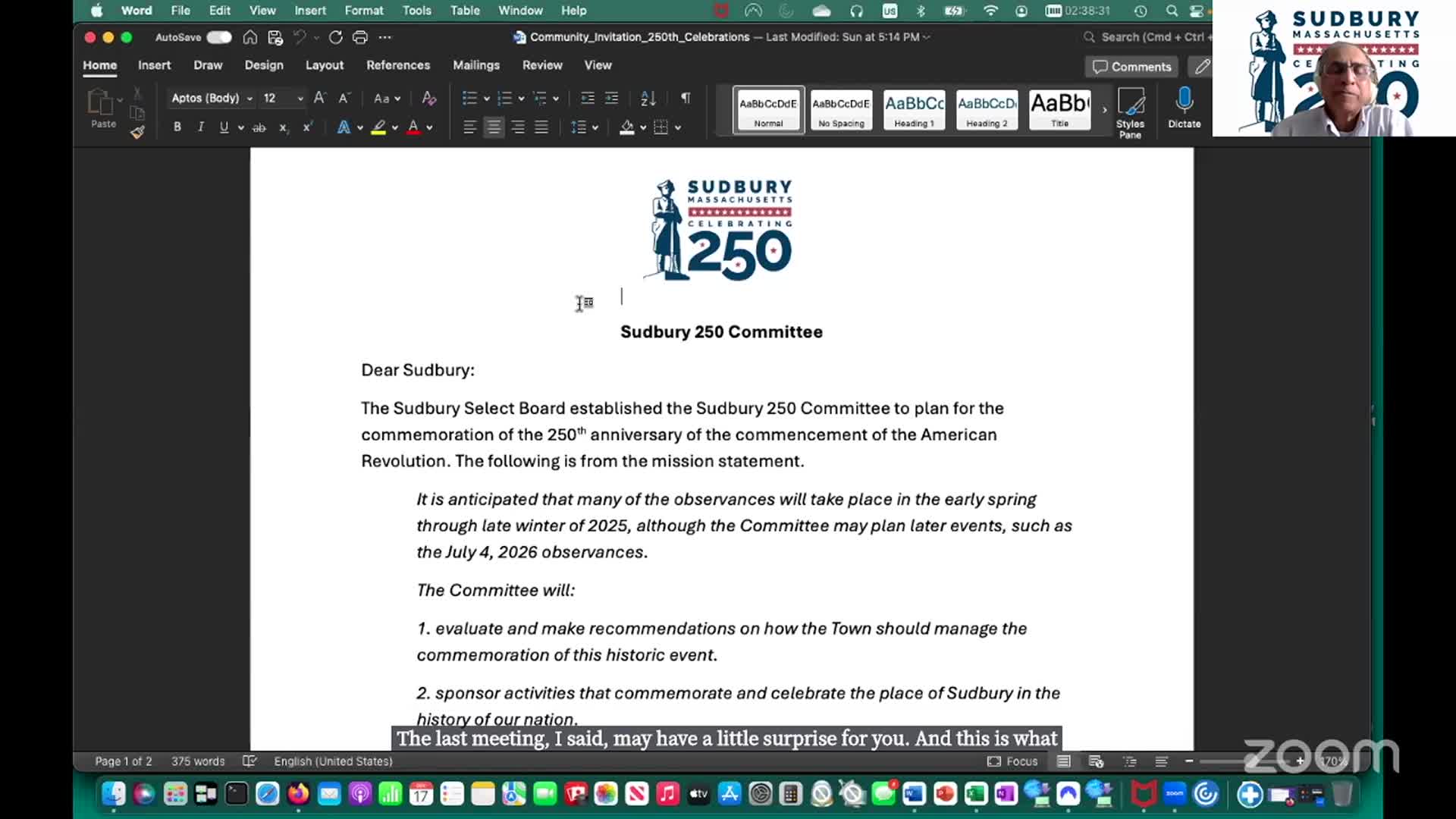 Sudbury Committee proposes creative submissions for 250th Independence Anniversary events