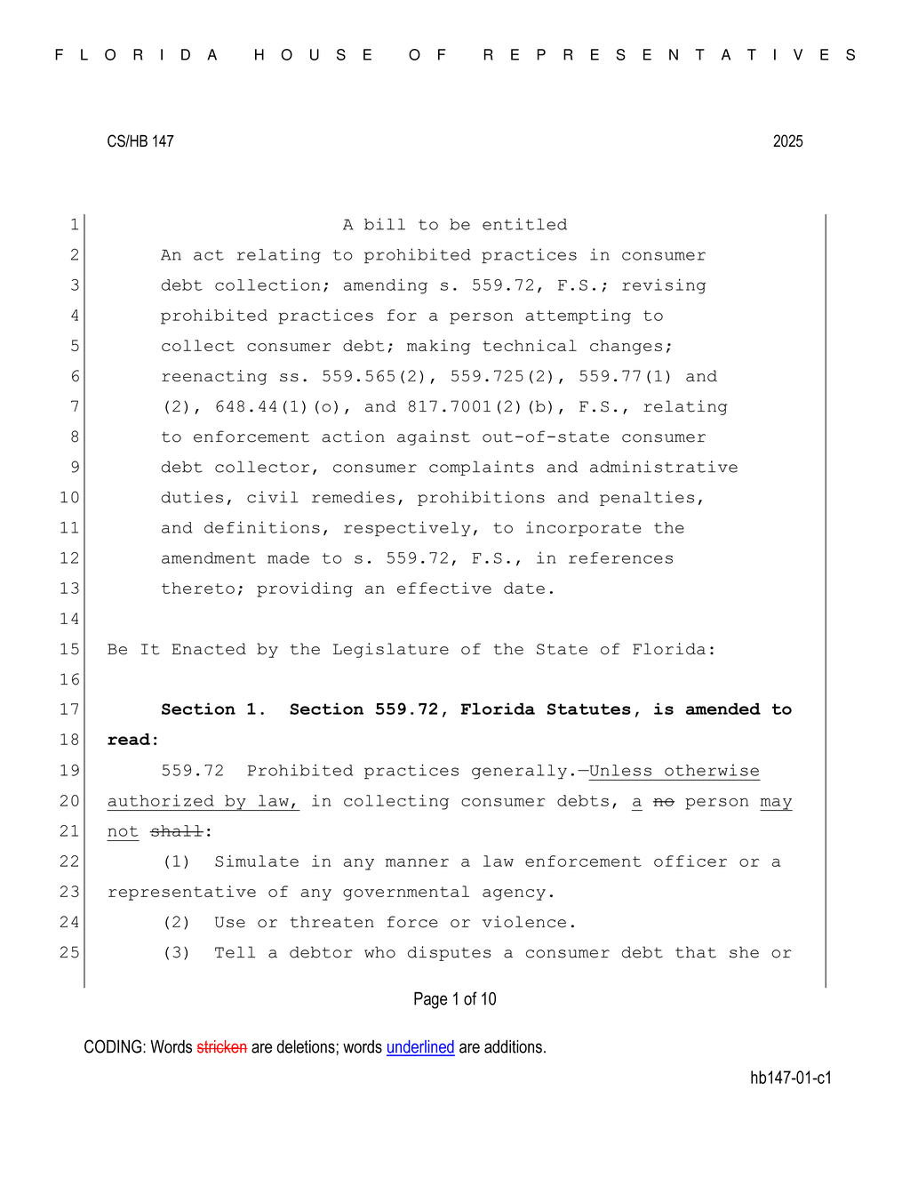 Florida House revises consumer debt collection practices with new bill