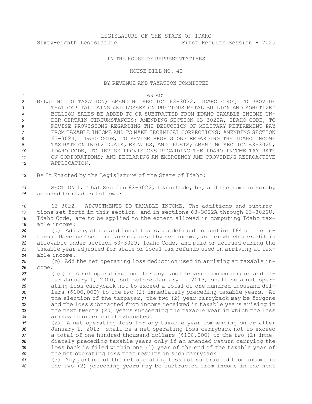 Idaho House passes bill to amend capital gains and military retirement tax provisions