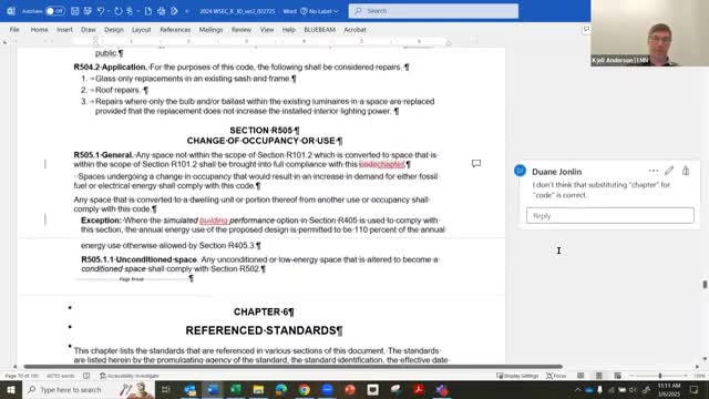 TAG declines to alter "chapter" phrasing for change-of-occupancy language in existing-buildings section