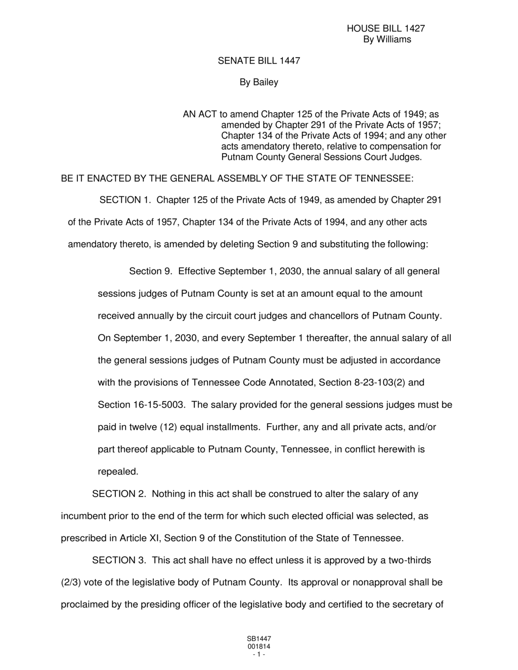 Tennessee General Assembly amends salary structure for Putnam County judges