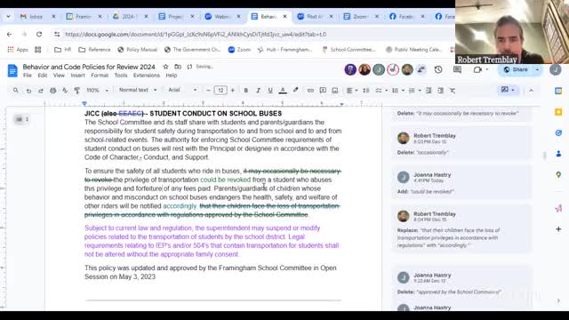 Framingham School Board reviews policy updates on student rights and athletic eligibility